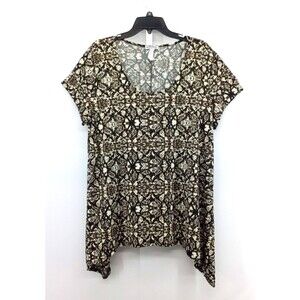 Sweet Clarity Blouse Women Size 2X Brown Black Geometric Short Sleeve Tunic Top